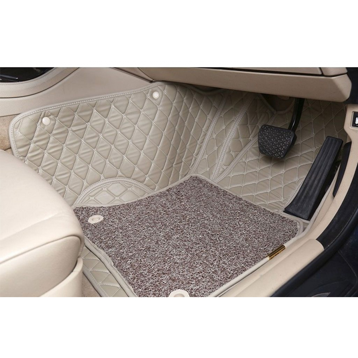 Honda amaze premium diamond pattern 7d car floor mats (set of 3, black & beige)