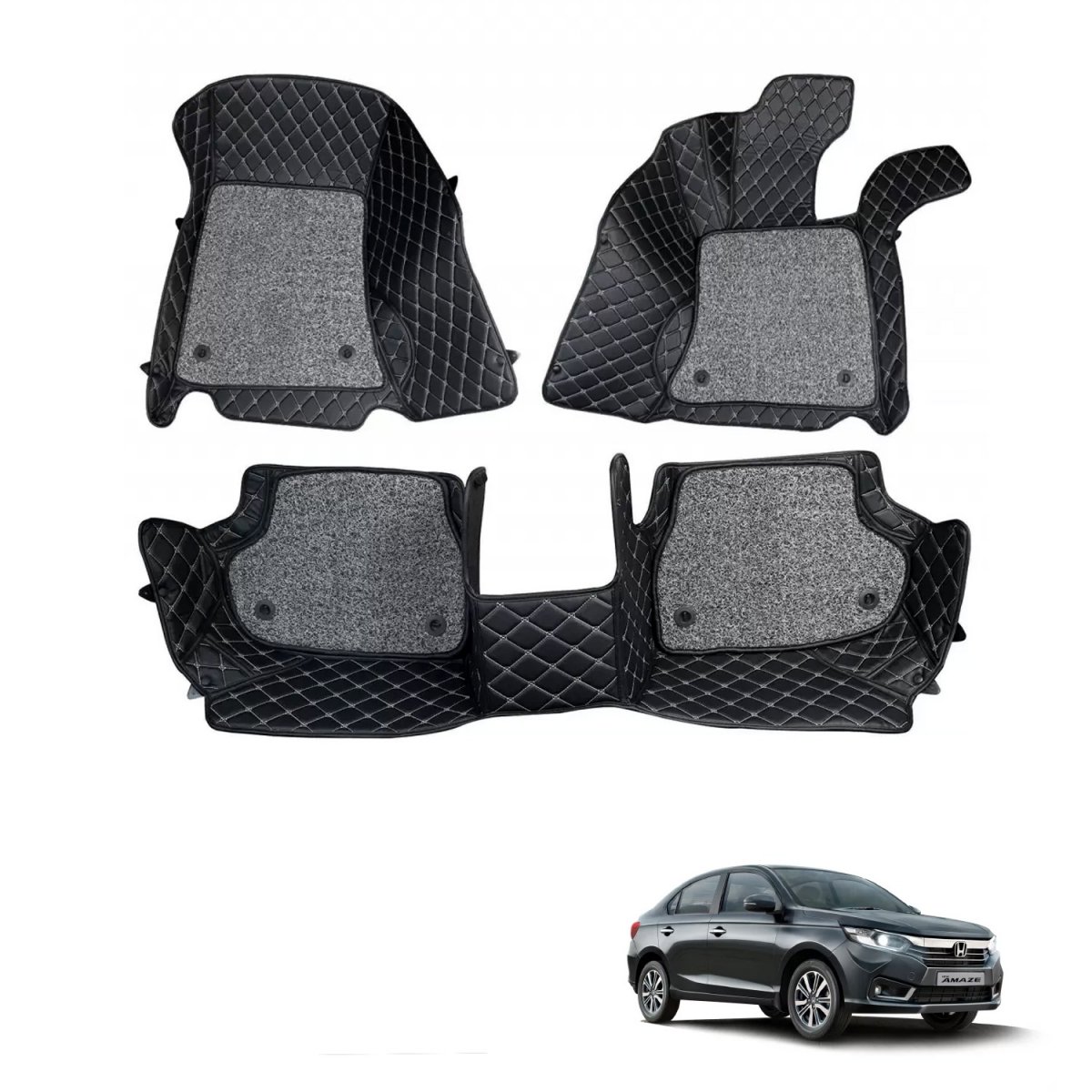 Honda amaze premium diamond pattern 7d car floor mats (set of 3, black & beige)