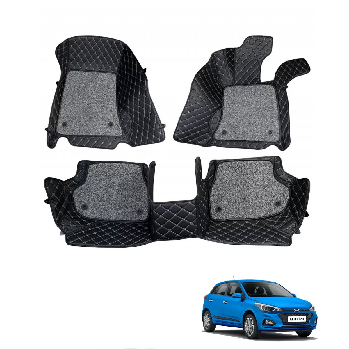 Hyundai i20 elite facelift 2018-2020 premium diamond pattern 7d car floor mats (set of 3, black & beige)
