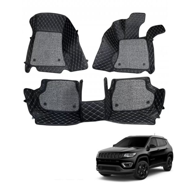 Jeep compass premium diamond pattern 7d car floor mats (set of 3, black and beige)