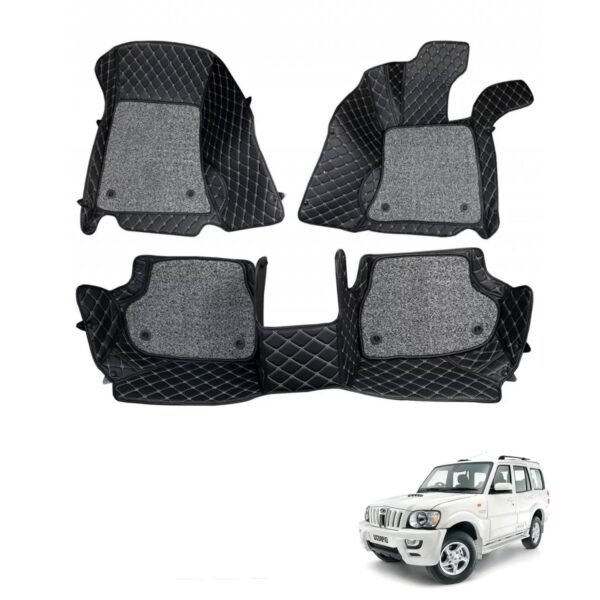 Mahindra scorpio 2009-2014 premium diamond pattern 7d car floor mats (set of 3, black and beige)