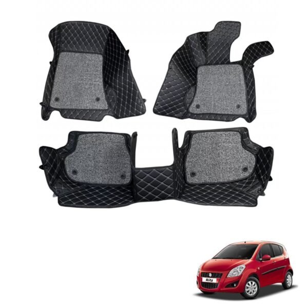 Maruti suzuki ritz premium diamond pattern 7d car floor mats (set of 3, black and beige)
