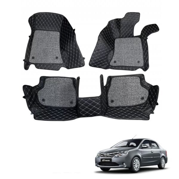 Toyota etios premium diamond pattern 7d car floor mats (set of 3, black & beige)