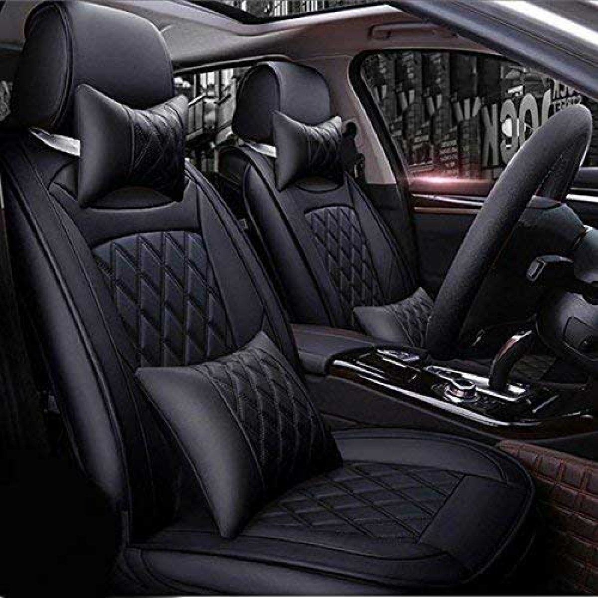 Hyundai accent pu leatherate luxury car seat cover with pillow and neck rest all black with bucket fitting seat cover