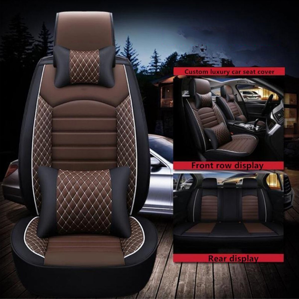Hyundai old creta 2015-2018 pu leatherette luxury car seat cover with pillow and neck rest (coffee & black)