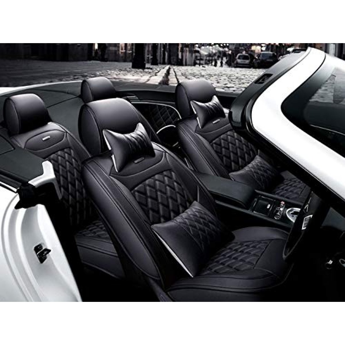 Maruti suzuki ritz pu leatherate luxury car seat cover with pillow and neck rest all black with bucket fitting seat cover