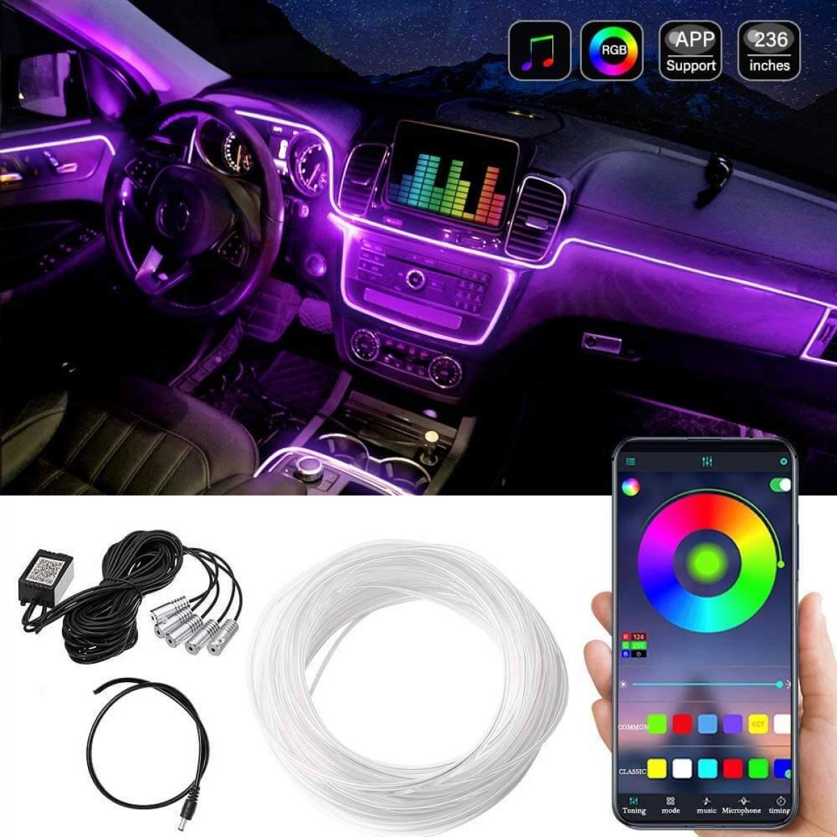 Multicolor car atmosphere ambient wireless bluetooth lighting kit with remote