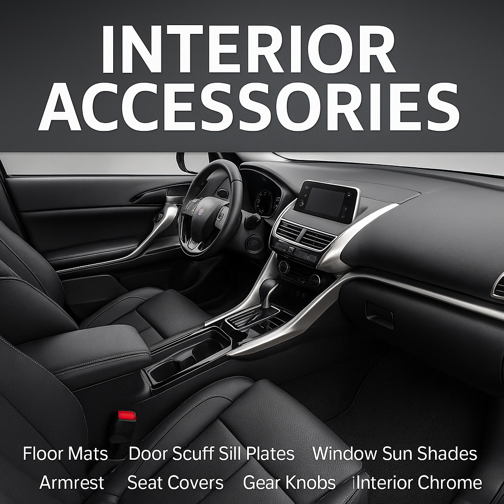 Car interior accessories including floor mats, seat covers, door sill plates, armrest, gear knobs, chrome trims, and sunshades | ozone plus