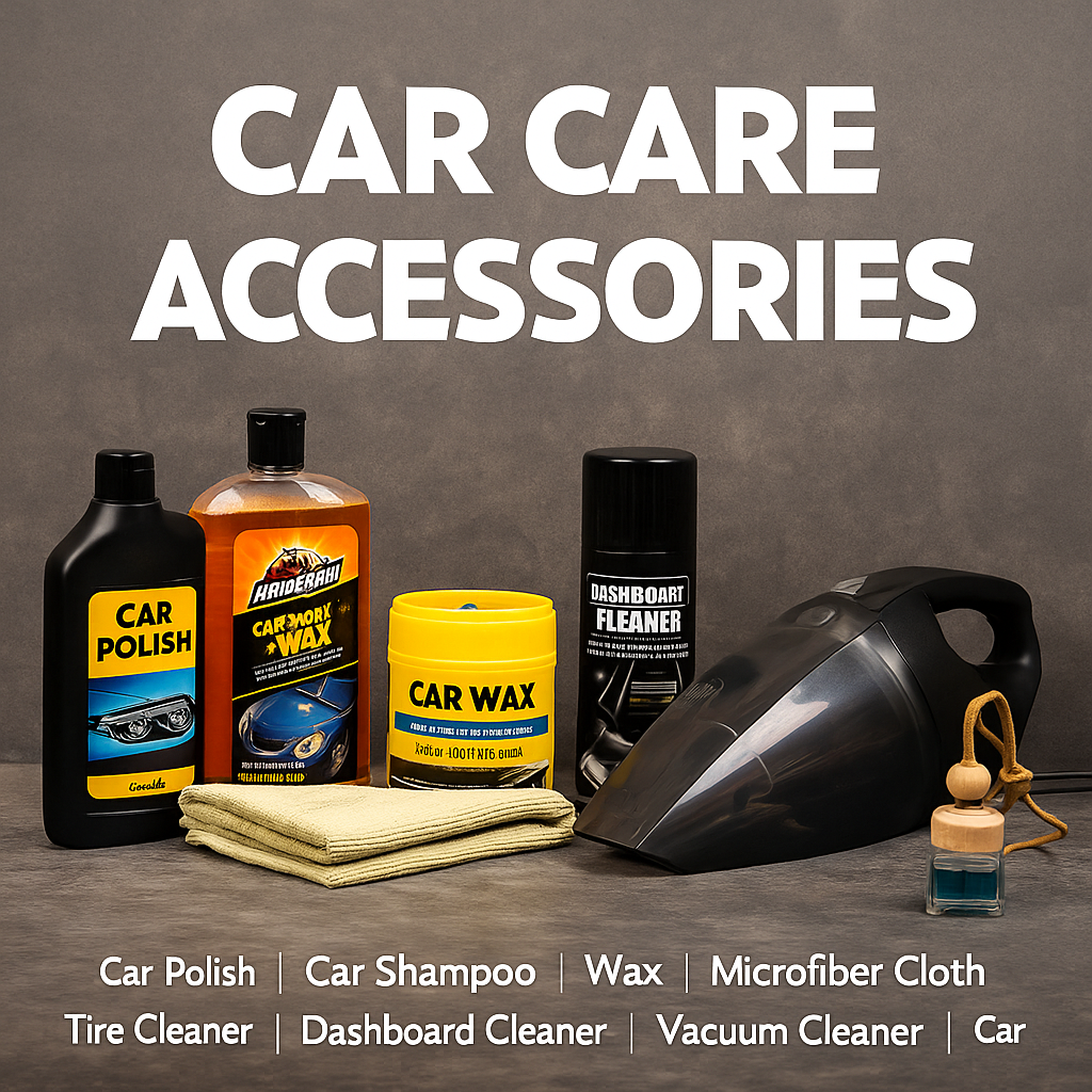 Car care accessories including polish, wax, shampoo, microfiber cloth, tire cleaner, vacuum cleaner, dashboard cleaner, and air freshener | ozone plus