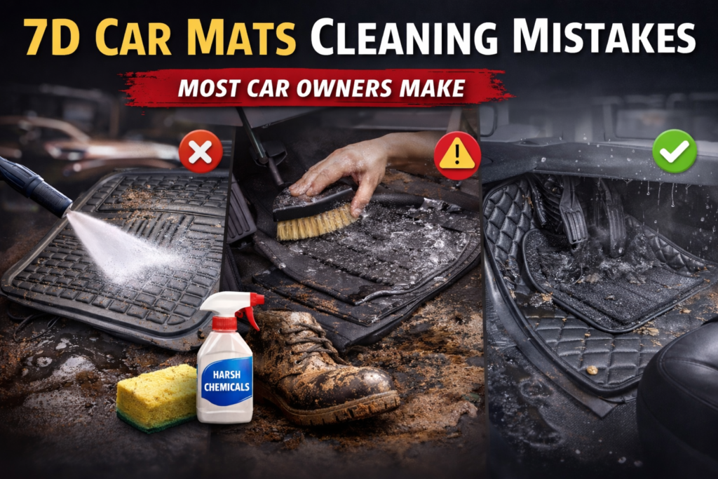 7d car mats cleaning mistakes showing pressure washing, harsh chemicals and improper drying