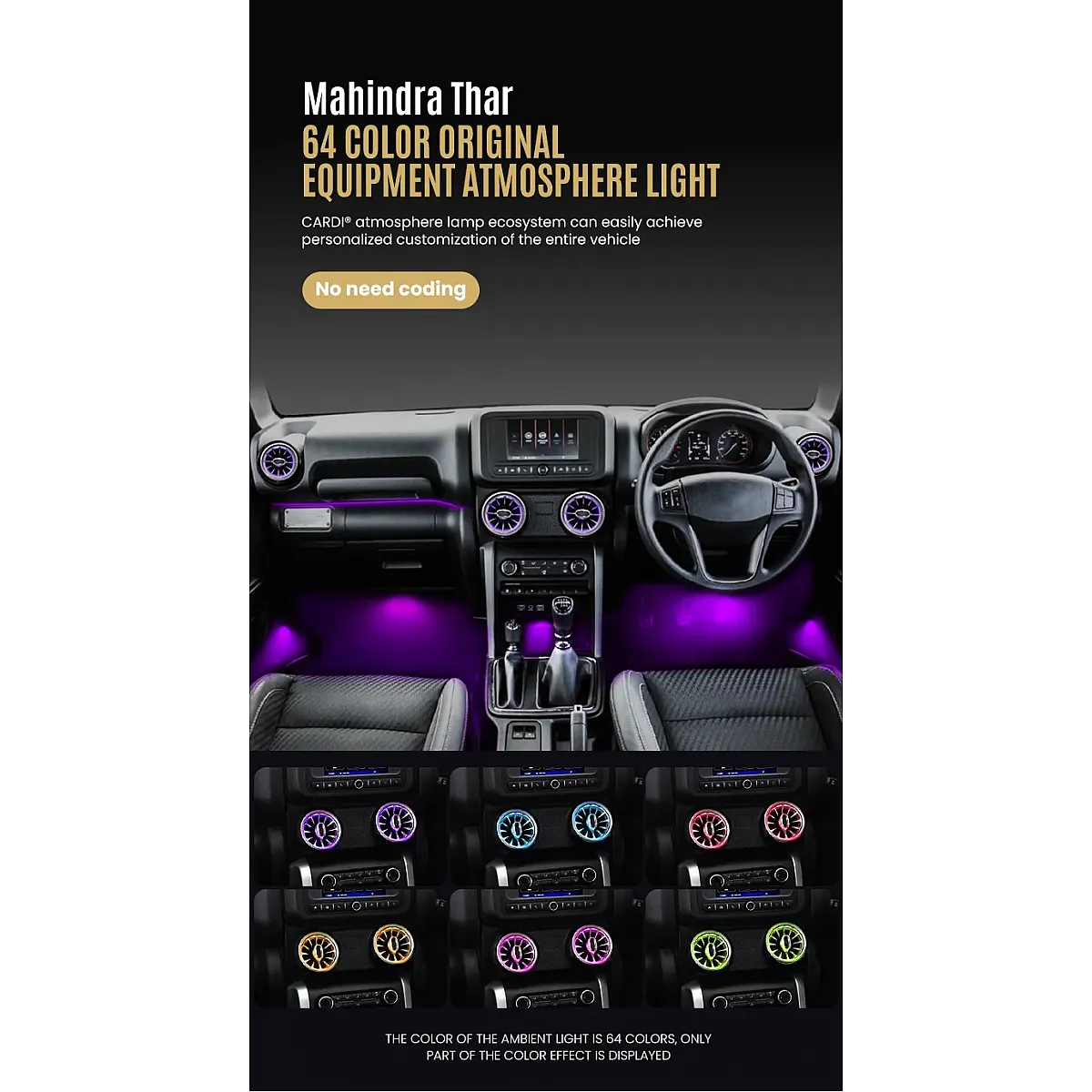 Cardi k3 ac vent turbine with led ambient light & foot light for mahindra thar, thar roxx & thar og